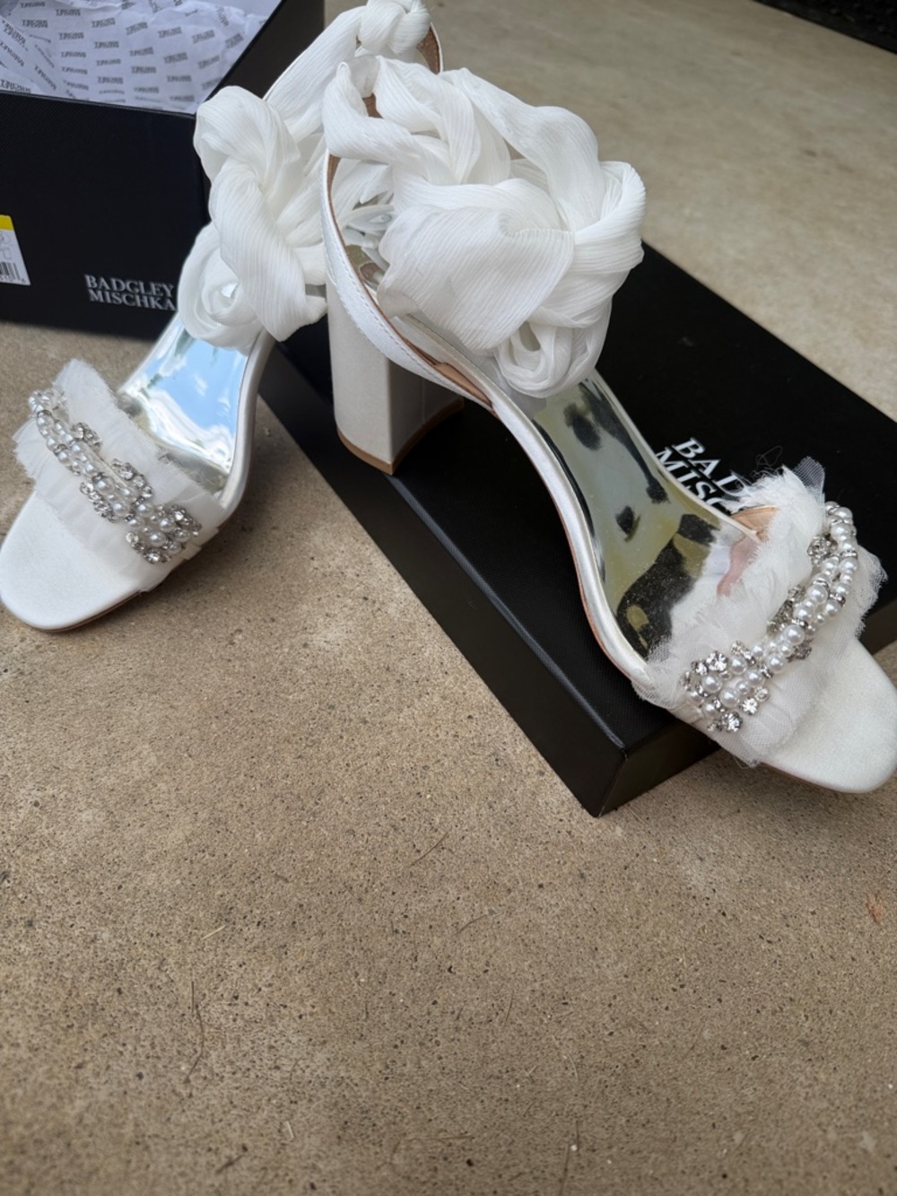 Badgley Mischka White Beaded Ruffle Block Heels